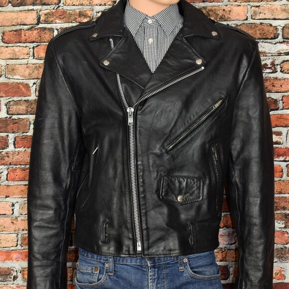 Vintage Black Leather WILSONS "The Leather Experts" Heavy Biker Jacket - L